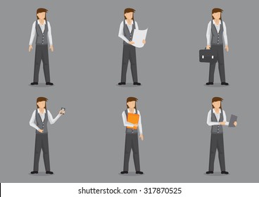 Set of six vector illustrations of female office worker dressed in shirt, vest and pants isolated on grey background. 