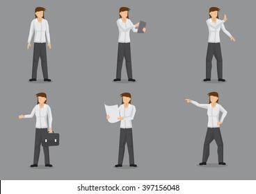 Set of six vector illustrations of female business professional in smart casual dress shirt and trousers. Vector cartoon character design of professional woman isolated on grey background.