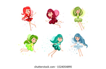 Set Of Six Vector Illustrations With Flying Fairies Of Many Colors And Poses