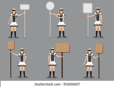 Set of six vector illustrations of girl in black and white french maid costume holding signboard with copy space on post isolated on grey background.