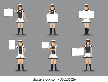 Set of six vector illustrations of girl in French maid uniform holding a blank sign with copy space isolated on grey background.