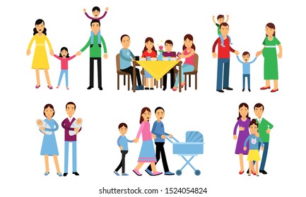 Set Of Six Vector Illustrations With Happy Family Relationships