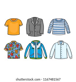 Set of six vector illustrations of men's clothes garments. T-shirt, shirt, jacket, costume, blazer.