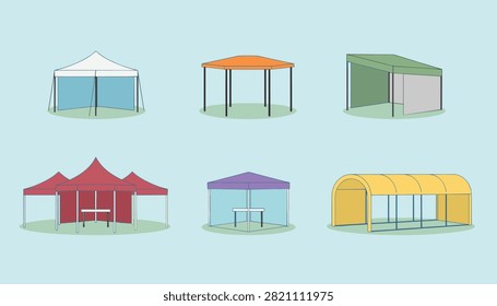 Set of six vector illustrations of outdoor tents, event marquees, and canopy gazebos on a light blue background.