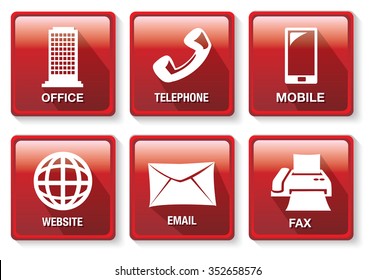 Set of six vector illustrations of red square buttons on business contact methods and  communication theme isolated on white background.