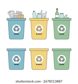 Un conjunto de seis Ilustraciones vectoriales que muestran contenedores de reciclaje para papel, plástico y vidrio, que representan la gestión de residuos y la protección del medio ambiente.
