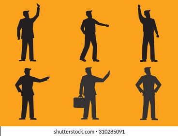 Set of six vector illustrations of silhouette of businessman in suit in different gestures isolated on bright orange background.