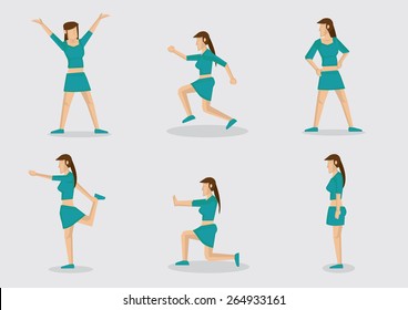 Conjunto de seis ilustraciones vectoriales de una joven delgada con atuendo deportivo de alto rendimiento de cosechas sexy trabaja con una rutina de ejercicios simples para el programa de fitness. Caricaturas aisladas en fondo gris.