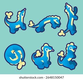 Conjunto de seis ilustrações vetoriais de um pequeno lagarto amarelo e azul em várias poses