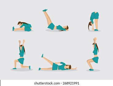 Set of six vector illustrations of sporty woman doing simple exercises for work out routine. Cartoon characters isolated on plain background.