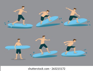 Set of six vector illustrations of a surfer riding sea waves on a surfboard isolated on plain grey background. 