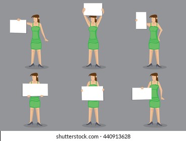 Set of six vector illustrations of young woman in green dress holding a blank placard sign with copy space isolated on grey background.