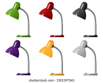 Set of six vector images of office lamps for the office, different colors, isolated on a white background