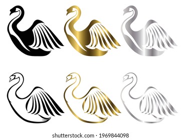 Set of six vector images of various swan symbol There are three colors black gold silver  Good use for symbol mascot icon avatar and logo