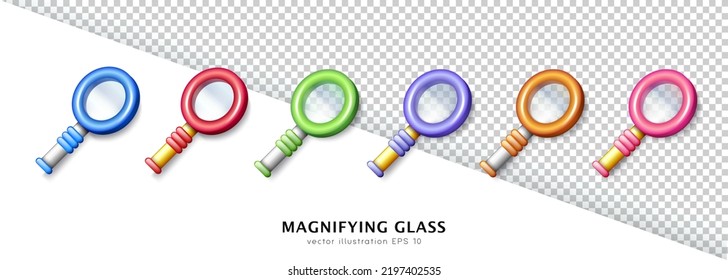 Set of six vector isometric 3d colorful magnifying glasses. Realistic toy of glossy orange, cyan, pink, blue, green, purple magnifiers with transparent lens. Cartoon loupe, reading glass, zoom tool 