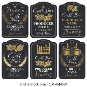 Set of six vector labels for craft beer and brewery with handwritten inscriptions, hop cones, spikelets and image of brewery production and brewing equipment in retro style in black and gold colors