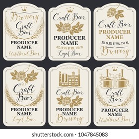 Set of six vector labels for craft beer and brewery with handwritten inscriptions, hop cones, spikelets and image of brewery production and brewing equipment in retro style