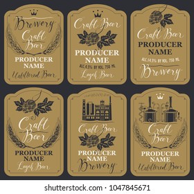 Set of six vector labels for craft beer and brewery with handwritten inscriptions, hop cones, spikelets and image of brewery production and brewing equipment in retro style
