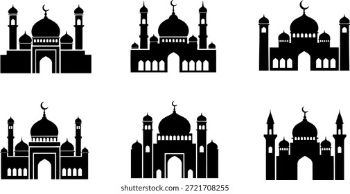 Un conjunto de seis ilustraciones de silueta de mezquita de Vector, ideal para proyectos de diseño, eventos islámicos y temas culturales.