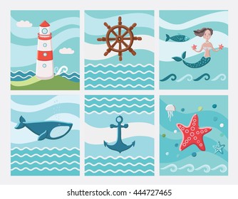 Set of six vector Nautical cards