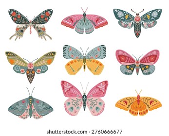 Set of six vector ornate insects, beetles, butterflies. Folk art floral posters illustrations