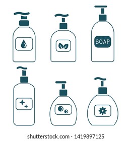 Set of six vector outlined liquid soap icons.