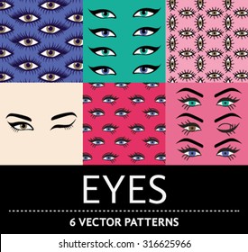 Set of six vector patterns inspired in eyes, makeup, cat eyes, and fashion 