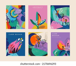 Set of six vector pre-made cards in modern abstract style with nature motifs, flowers, leaves and hand drawn texture. Templates for your design