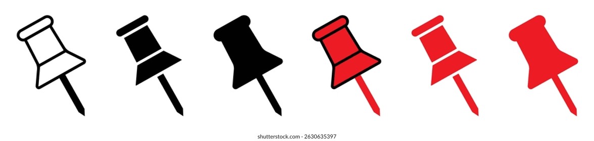 Set of six vector push pin icons in various styles outline, solid, and bold. Includes black and red versions. Ideal for office, stationery, maps, or UI design themes. Clean, minimal look. Icons.