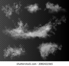 Set of the six vector realistic clouds isolated on dark transparent background. Clouds for night sky or another black backdrop.