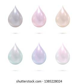 Set of six vector realistic pearl drops of different color with shadow isolated on the white background. 3d fluid glossy illustrations.
