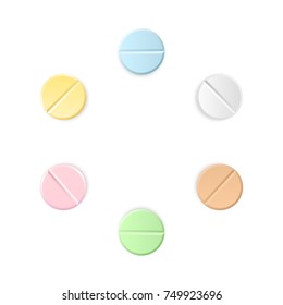 Set of six vector realistic pills located around isolated on transparent background. Medicines, tablets, capsules, drug of painkillers, antibiotics, vitamins.