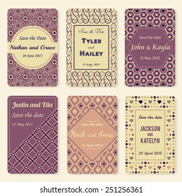 Set of six vector retro invitation templates in lavender colors. Elegant vintage wedding day card. Celebration design. Graphic patterns. Greeting banner. 