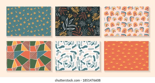 Set of six Vector Seamless Pattern Shape Abstract Lines, Geometric, Hand Drawn Doodle and Retro, Tan Colors Abstract Background. Nature, Rainbow, Floral, Sun, Wall art, Daisies Flower Repeat Pattern