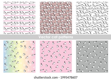 Set of six Vector Seamless pattern. Cat fun cartoon character digital texture. Kid nursery room or veterinary clinic wall decor.