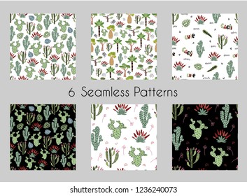 Set of six vector seamless patterns, endless textures, with cartoon African trees and cactuses on white background, flat graphics, Scandinavian style. Wrapping, textiles, kids clothing and posters 