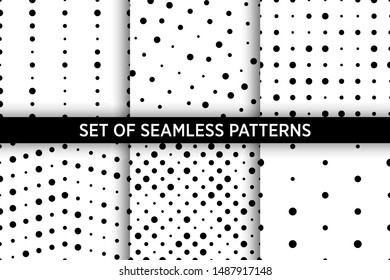 Set of six vector seamless patterns with random size dots white and black peas