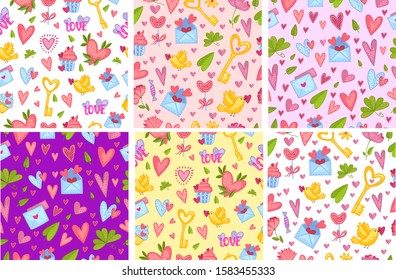 Set with six vector seamless patterns. St. Valentine’s Day objects such as hearts, keys and envelopes on yellow, white, pink and violet backgrounds. Textures for wrapping paper, apparel, souvenirs