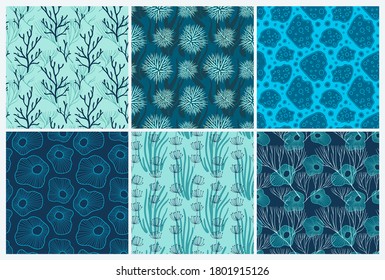 Set of six vector seamless sea style patterns with corals and seaweeds. Abstract marine seamless background.