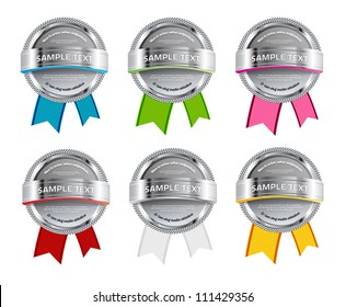 Set of six vector shiny metallic badges with colorful ribbons