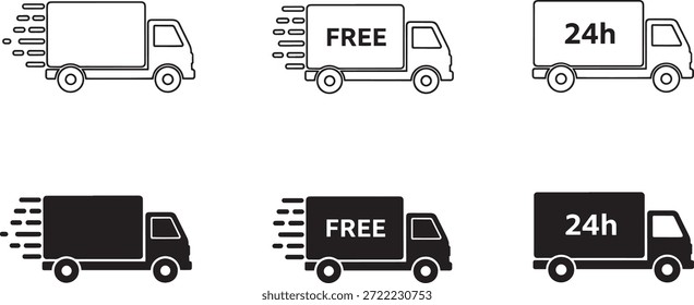 Un conjunto de seis iconos de camión de entrega de silueta de Vector con etiquetas de envío gratis y 24h