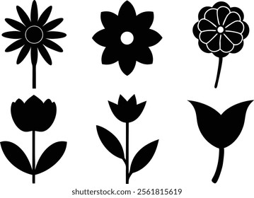 A set of six vector silhouette flower icons featuring elegant and simple designs. Perfect for use in floral-themed projects, logos, and digital illustrations, this minimalist collection captures the b