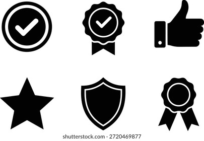 Un conjunto de seis íconos de silueta de Vector que incluyen marcas de verificación, escudo, estrella, pulgares hacia arriba y cintas para el diseño y la decoración