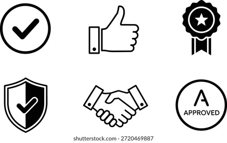Un conjunto de seis iconos de silueta de Vector para la Aprobación, calidad y garantía de diseño