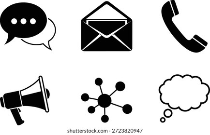 Un conjunto de seis iconos de silueta de Vector para la comunicación, el marketing y el diseño, incluyendo chat, correo electrónico, teléfono, megáfono, red y símbolos de burbuja de pensamiento.