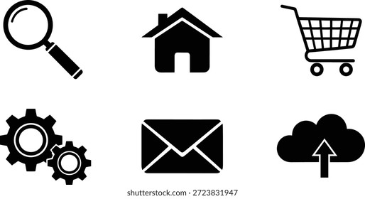 Un conjunto de seis iconos de silueta de Vector para negocios y Diseño web, incluyendo una lupa, casa, Carrito de compras, engranajes, sobre y Cargar de nubes.