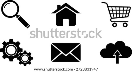 A set of six vector silhouette icons for business and web design, including a magnifying glass, house, shopping cart, gears, envelope, and cloud upload symbol.