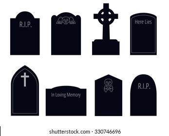 set of six vector silhouettes of gravestones of different shapes with ornament and text