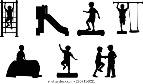 A set of six vector silhouettes showcasing children engaged in playground activities. Includes climbing ladder, sliding down, balancing on board, hanging from bar, sitting on curved structure, balancing on beam and interacting with friends. Ideal for lifestyle graphics, playground branding, childhood projects, educational campaigns and creative silhouette‑related content.