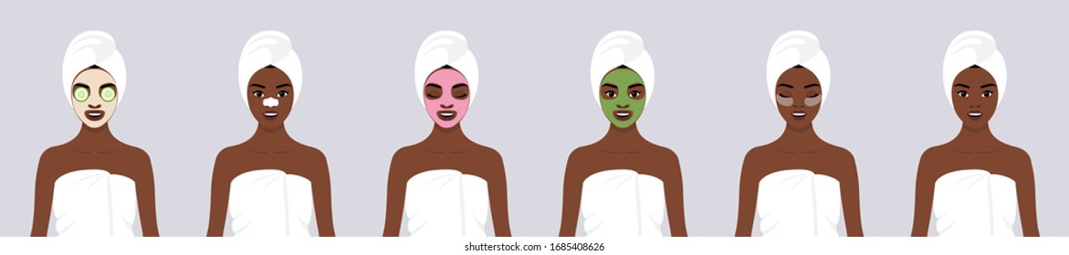 A set of six Vector stock flat illustrations for face care. A young African girl wrapped in a white towel, with a white towel on her head with various types of cosmetic masks on her face. 